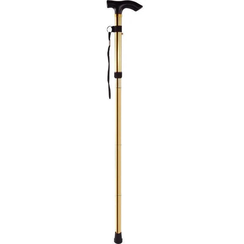 Adjustable aluminium folding walking cane extended, showing anti-slip handle and rubber tip.