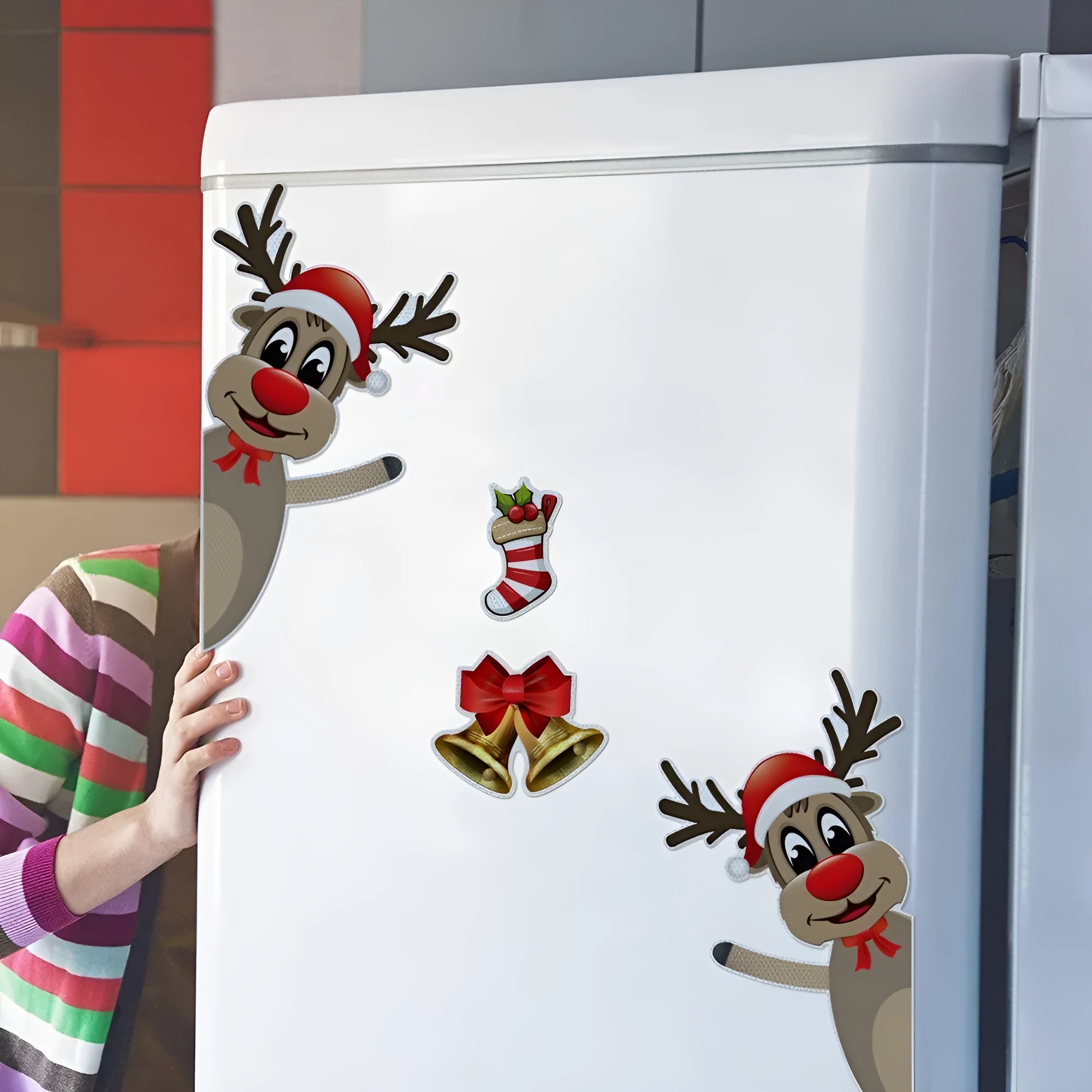 Magnetic luminous reflective Christmas bumper sticker featuring a cartoon elk with a bell
