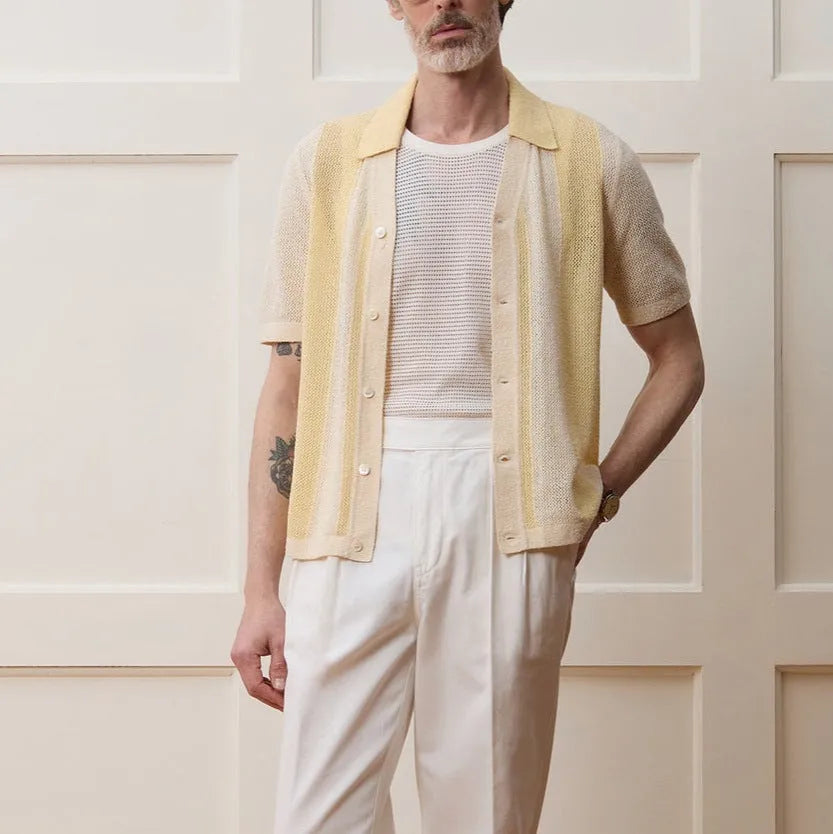 Yellow Tencel fabric casual polo shirt with asymmetric design and short sleeves