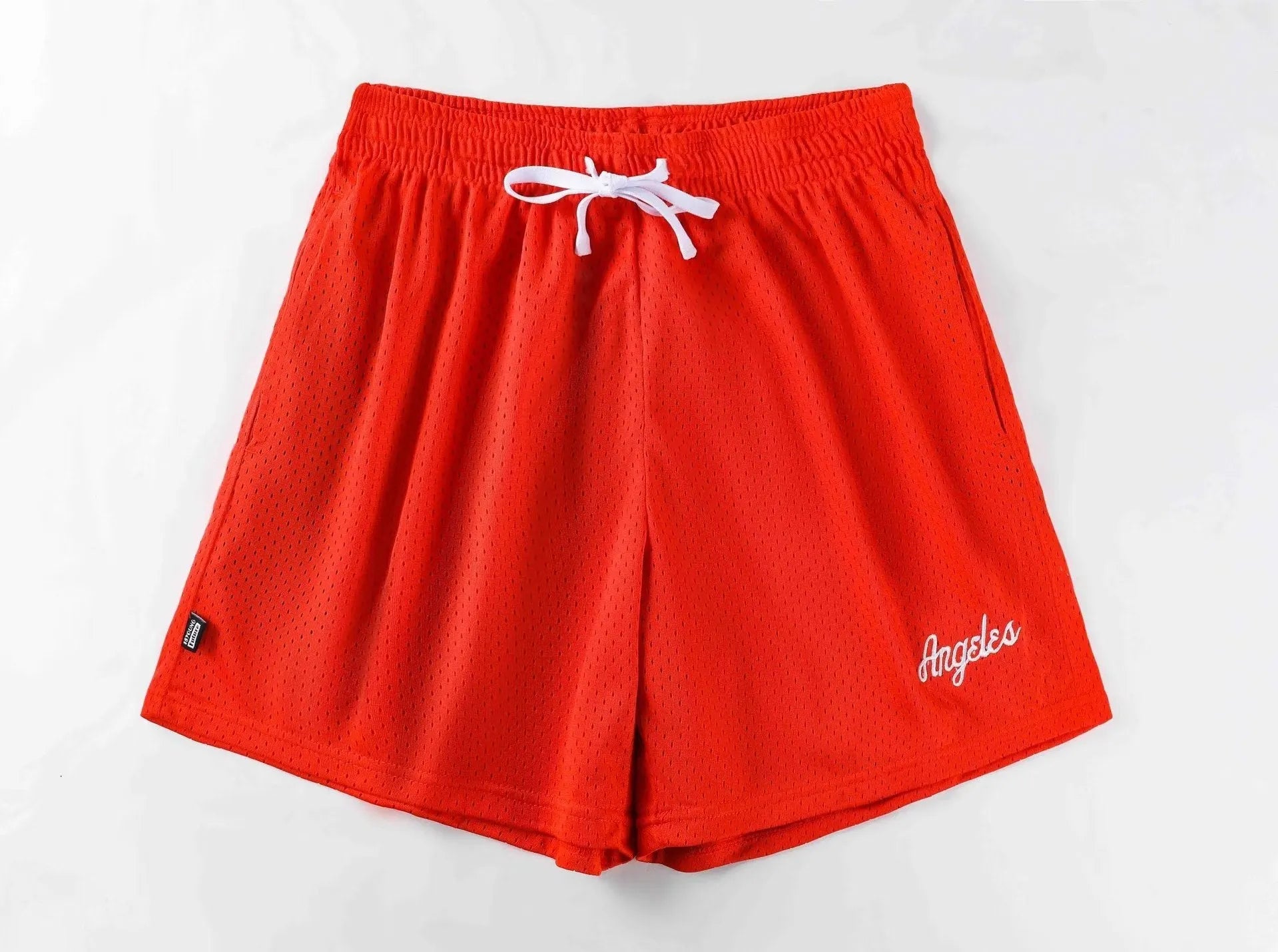 Men's black double-layer mesh sport shorts made from polyester fabric.