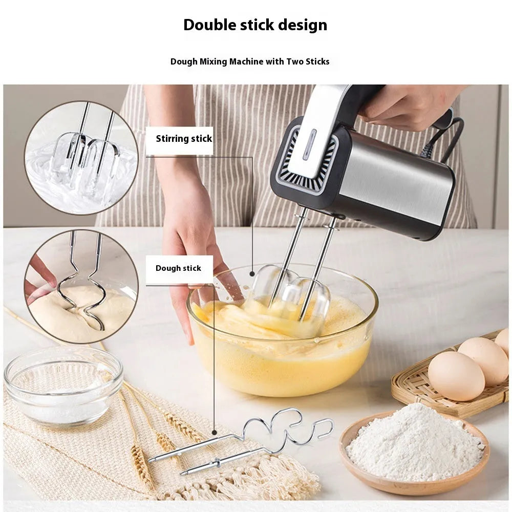 Silver handheld electric food whisk with stainless steel beaters and 5-speed control dial.