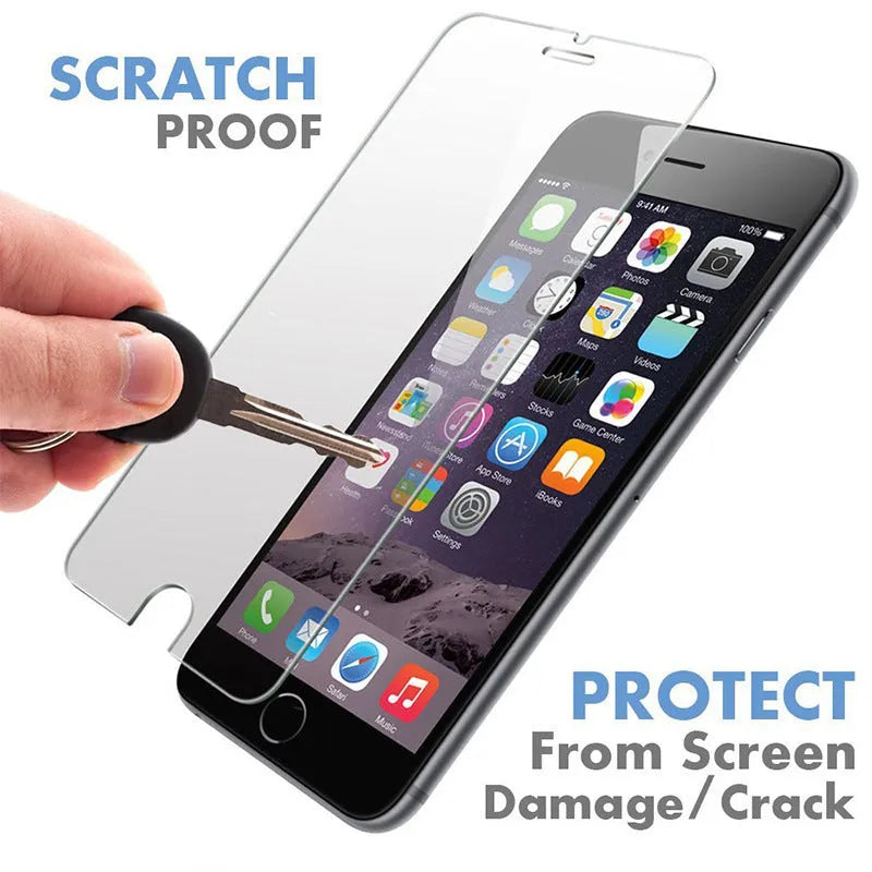 Tempered glass screen protector for iPhone models, shown in transparent colour with fine hole design.