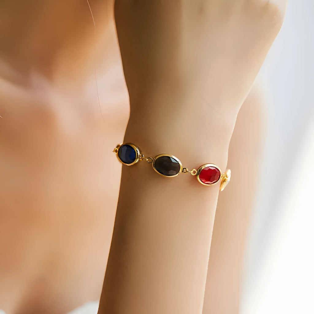 Women's geometric ellipse bracelet with glass inlay accents on copper base in blue, green, and multicolor options