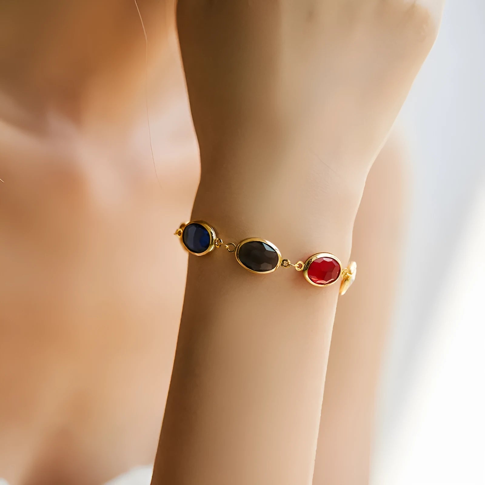 Women's geometric ellipse bracelet with glass inlay accents on copper base in blue, green, and multicolor options