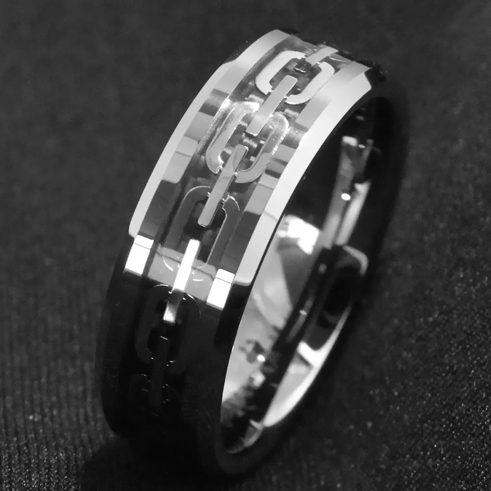 Men's stainless steel geometric cutout chain ring in chain ring colour, sizes 6 to 13, not inlaid