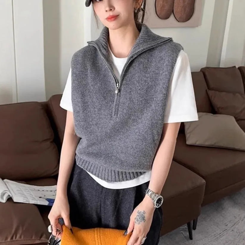 Retro half zip sleeveless knit vest in mesh polyester with Japanese Korean casual styling