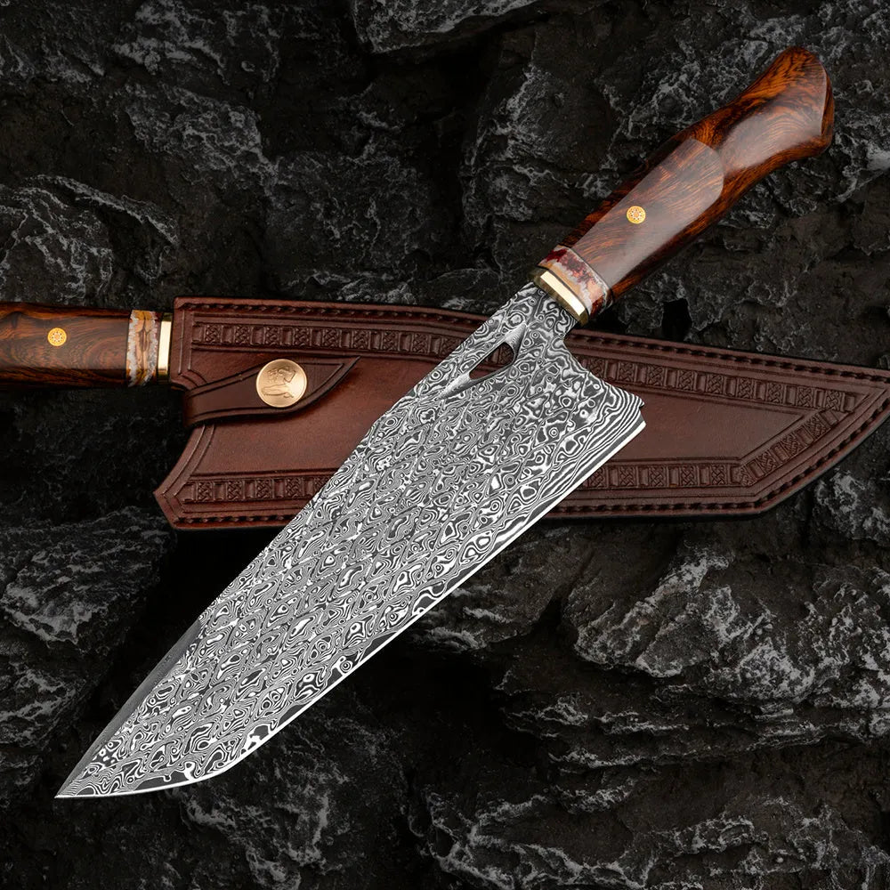 Damascus steel kitchen knife with 21.8cm patterned blade, milky off-white handle, and 35cm overall length
