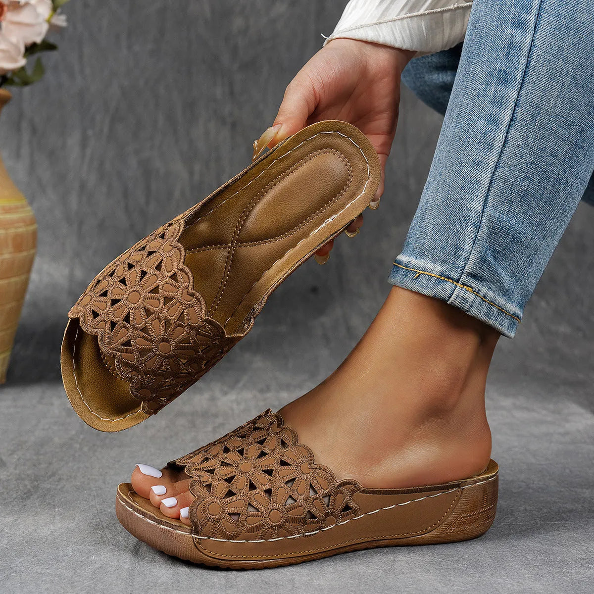 Women's black wedge beach slippers with flower cutout design and fish mouth toe