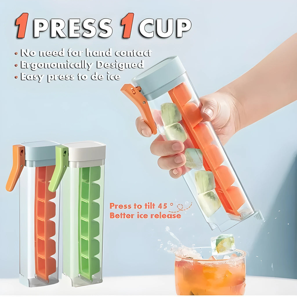 Flexible ice cube tray in Maldives colour with one-touch release and storage box on white surface