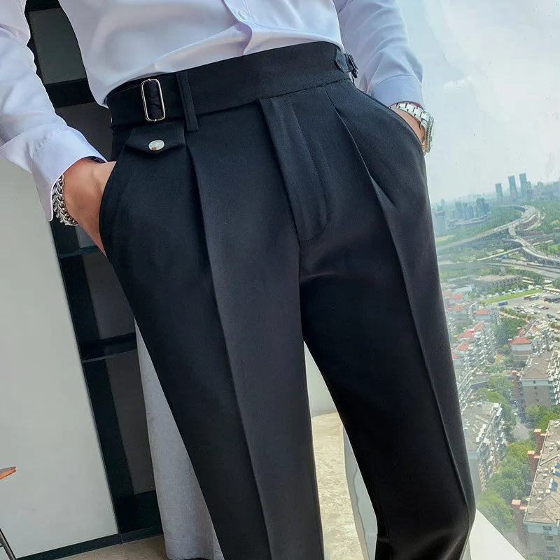 Men's straight leg polyester trousers in solid colours showing front and side views