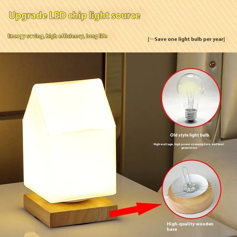 Nordic solid wood base USB table lamp in a choice of cube, column, cylinder, or ball shapes with touch dimming.