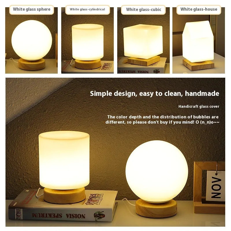 Nordic solid wood base USB table lamp in a choice of cube, column, cylinder, or ball shapes with touch dimming.