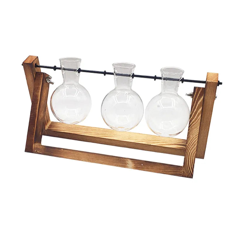 Wooden stand hydroponic plant container with geometric glass vases in pastoral style