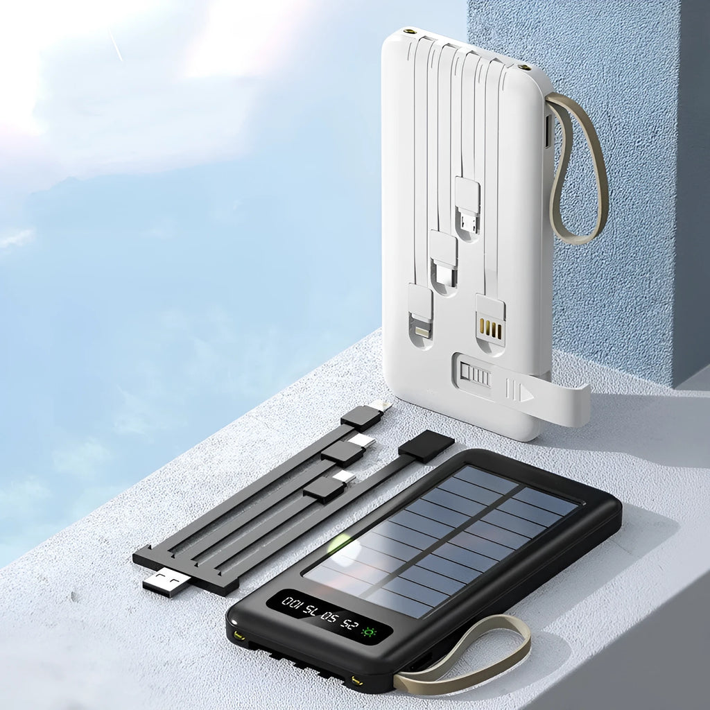 Cool black and ivory white solar power bank with capacity display and charging cable.