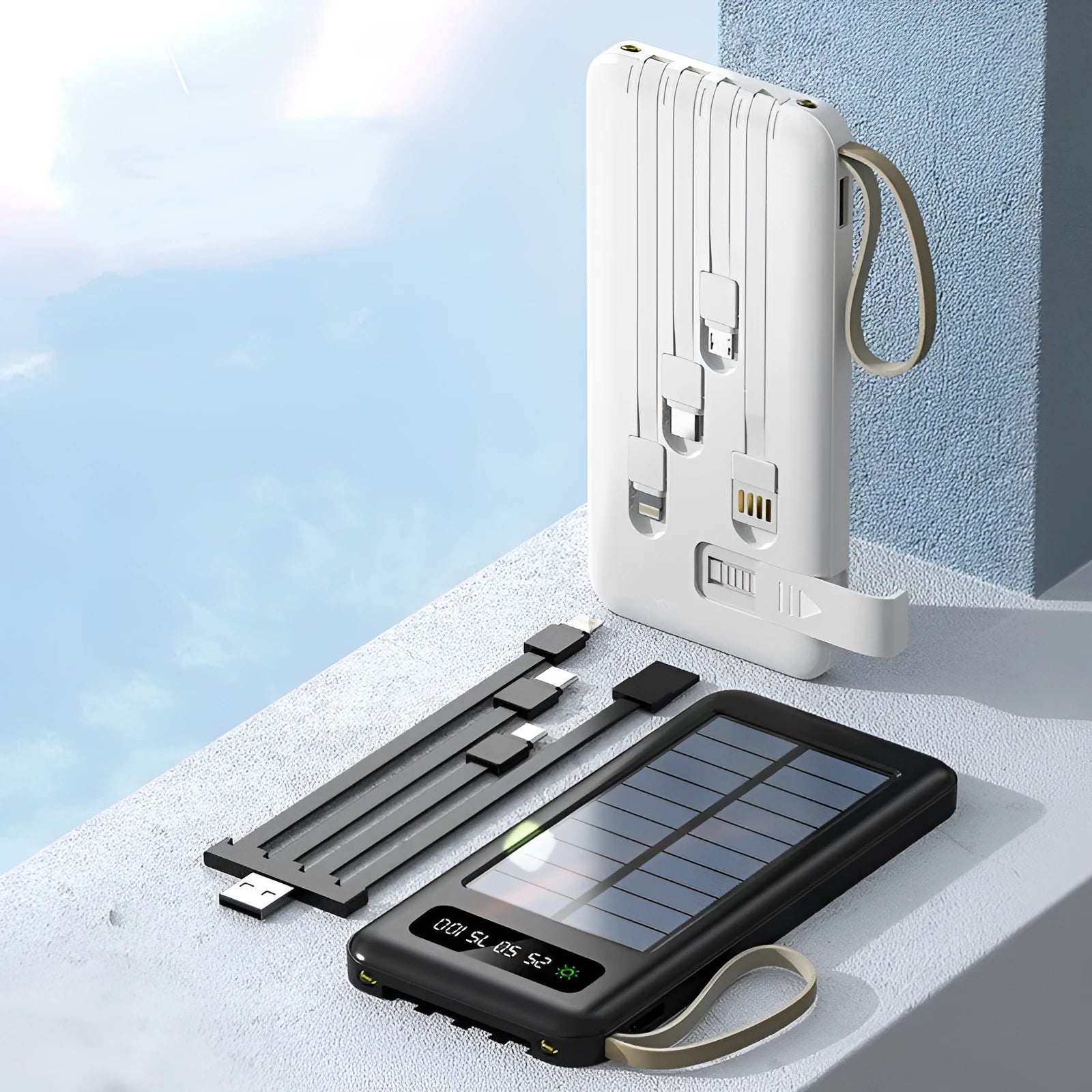 Cool black and ivory white solar power bank with capacity display and charging cable.