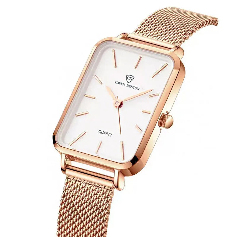 Women's rose gold quartz watch with woven steel strap and alloy case.