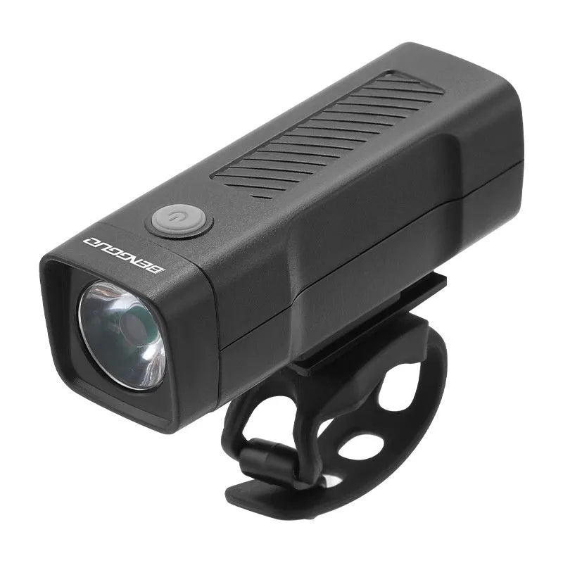 A black USB rechargeable bicycle headlight mounted on handlebars with a quick-release strap.