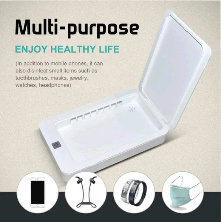 Blue UV phone steriliser unit with lid open, showing purple disinfection light and space for a mobile phone.