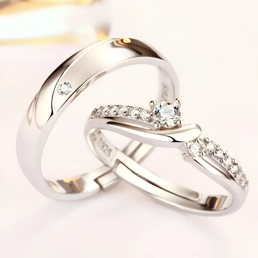 Simple sterling silver couple ring with diamond inlay in white gold finish