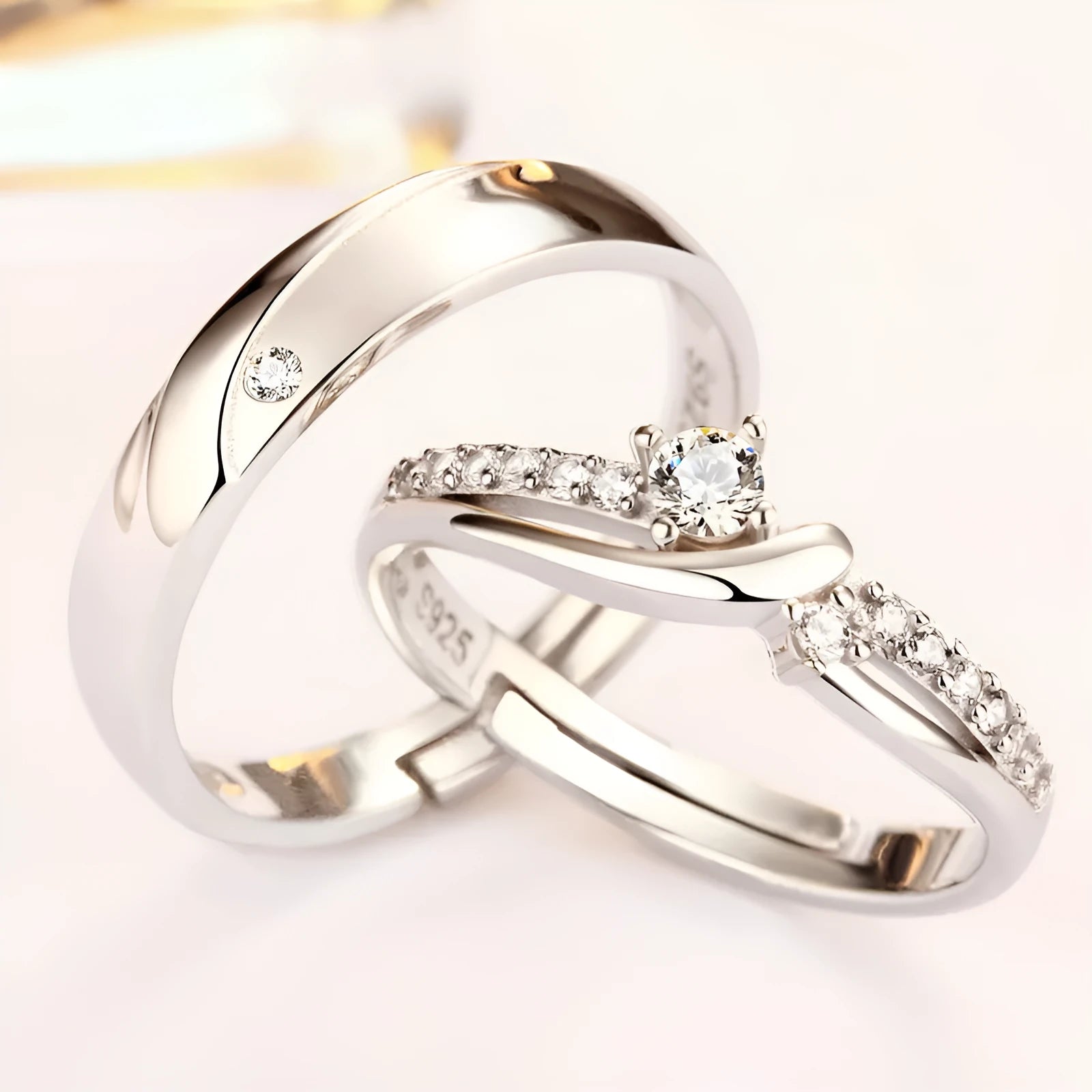 Simple sterling silver couple ring with diamond inlay in white gold finish