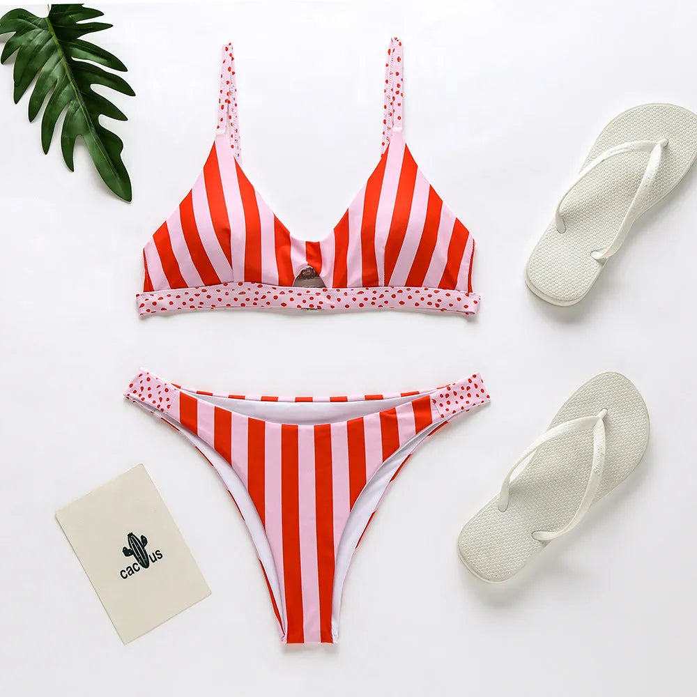Women's bikini swimsuit set in black and white dots and red and white stripes patterns.