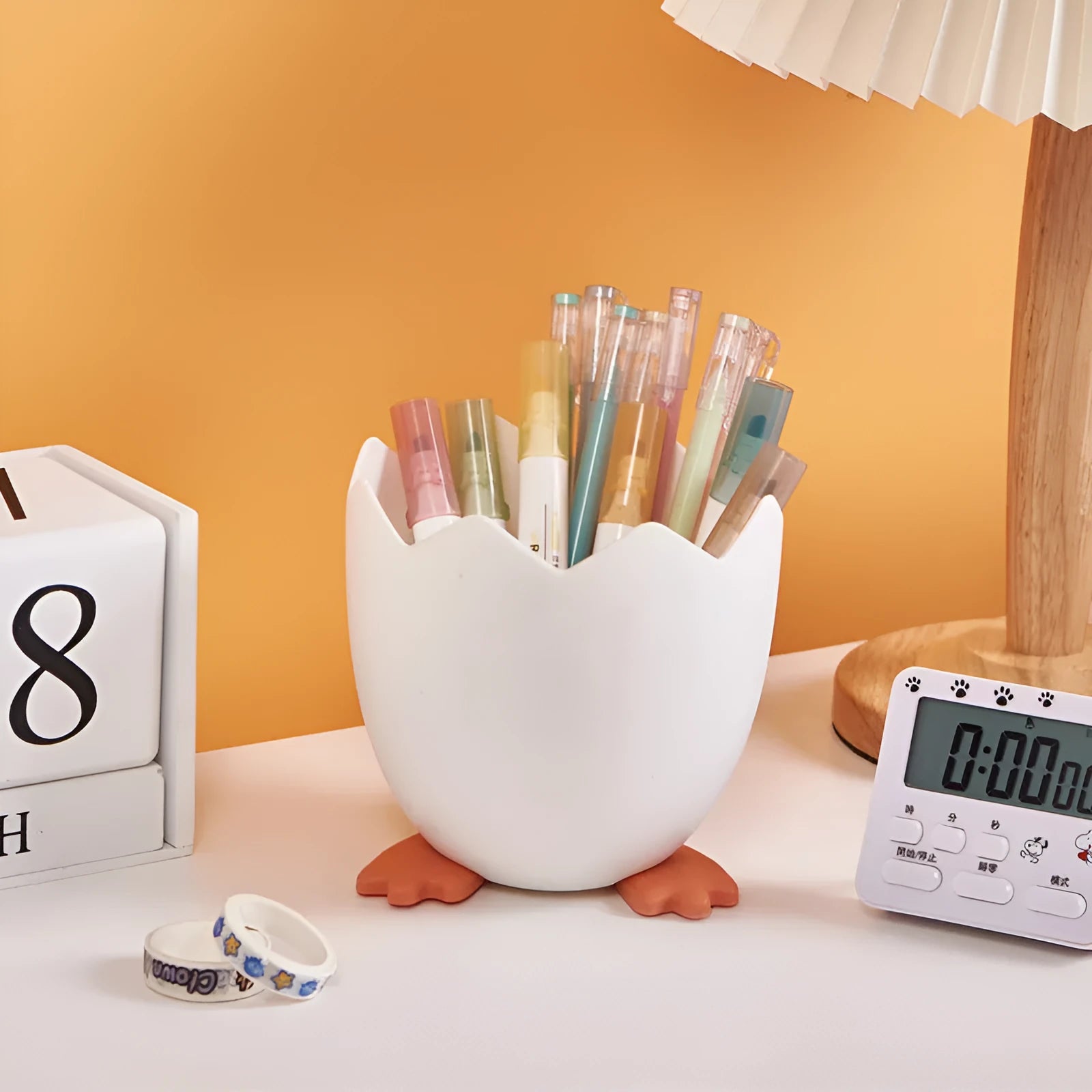 Plastic pen holder in cracked chicken cartoon style for desktop storage