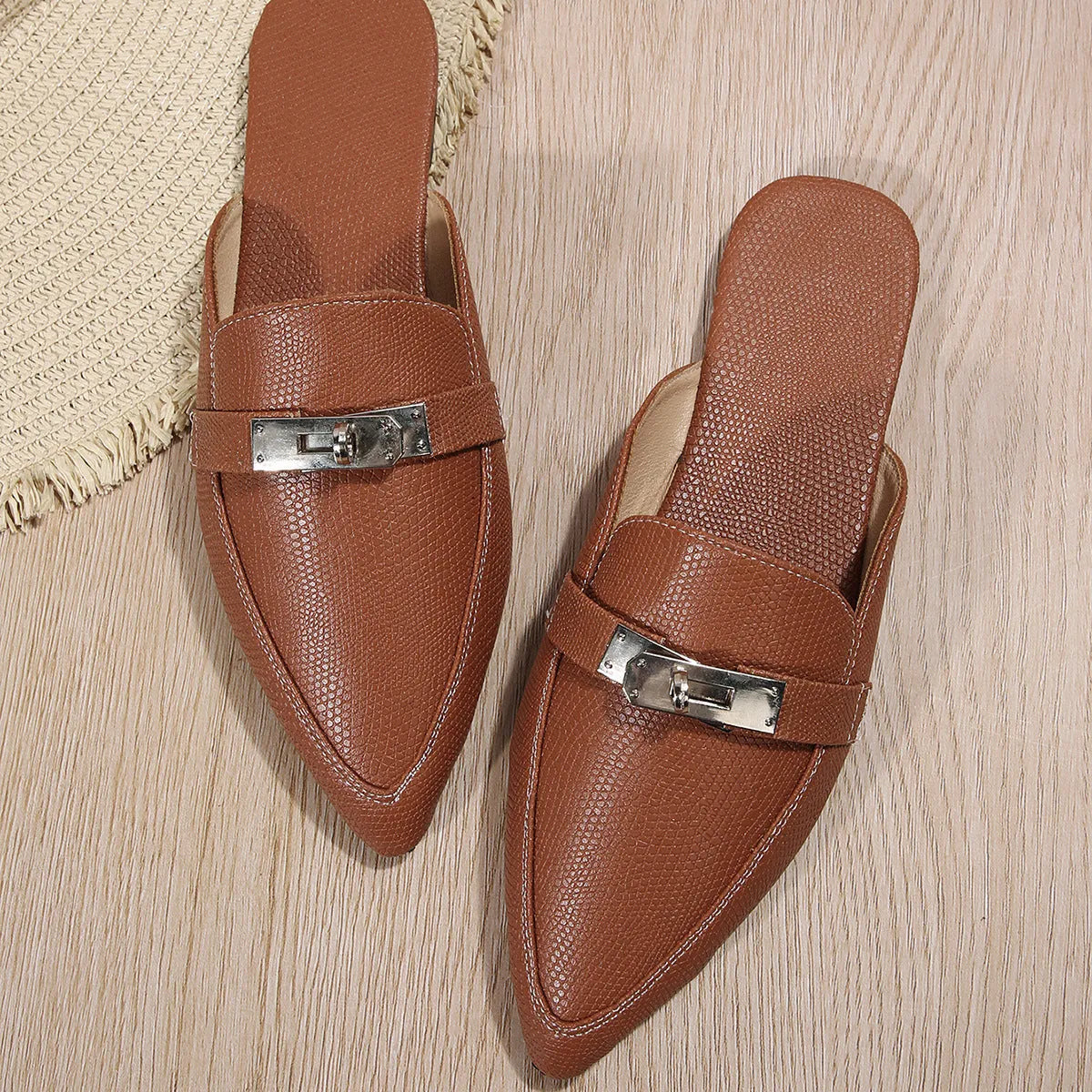 Light brown women's pointed-toe casual semi-slippers with a low block heel and slip-on design.