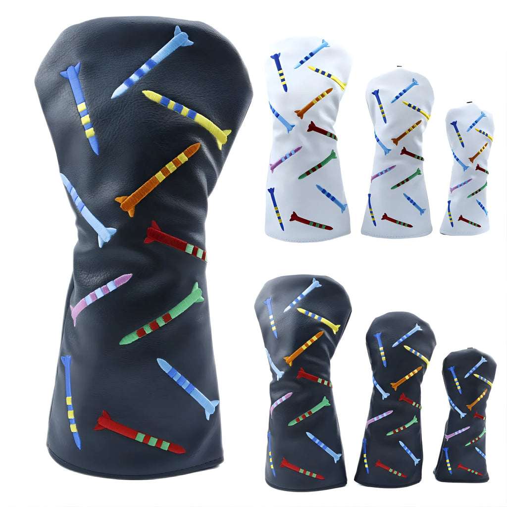 Wooden golf putting trainer set with three guide poles on a PU surface, shown in black and white colour options.