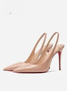 Women's black and red background stiletto heel sandals with a pointed toe and ankle strap, shown in apricot and black colour options.