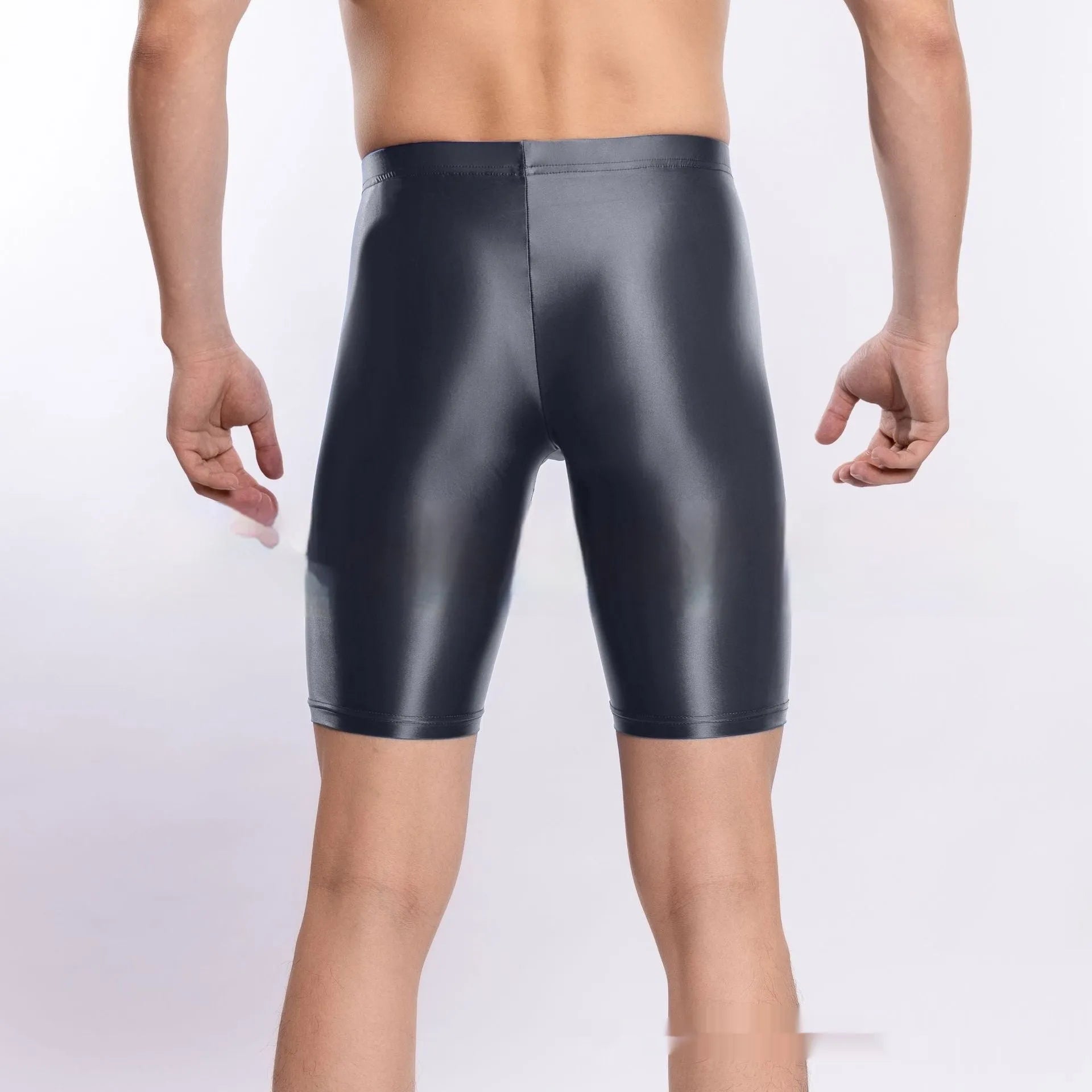 Men's plus size shiny nylon sports shorts in multiple colours on size chart.