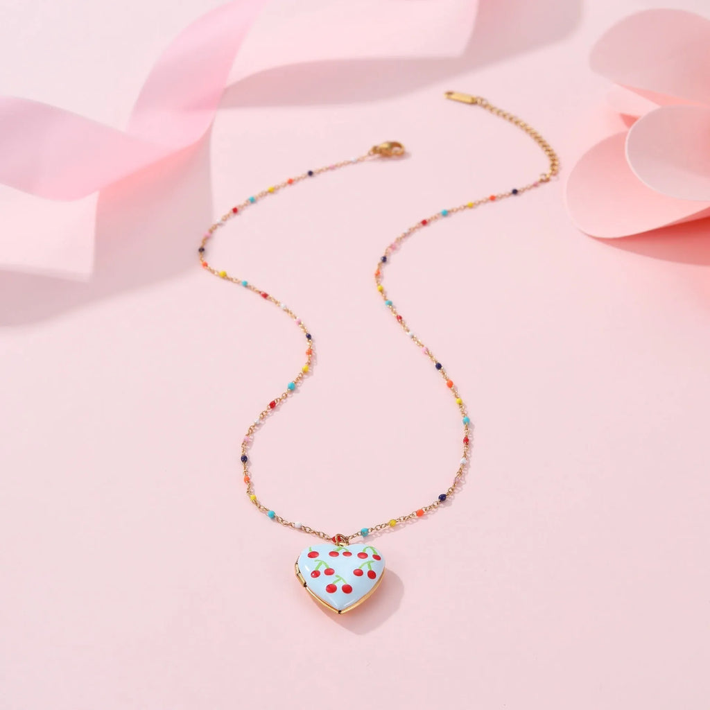 Gold-plated stainless steel necklace with fruit heart pendant on adjustable chain