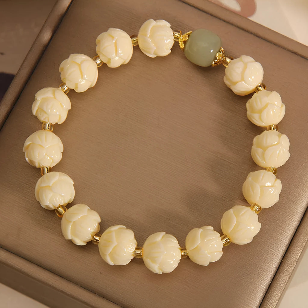 Buxus microphylla lotus bead bracelet for women with Hetian jade and flower-shaped simple design