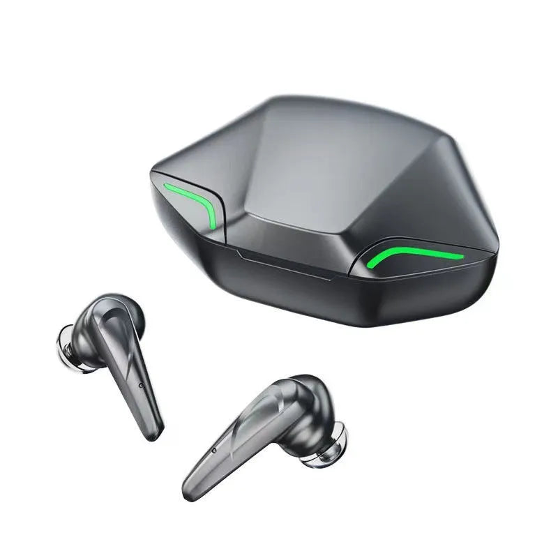 Wireless Bluetooth gaming headset with charging case in black, grey, white, or yellow colour options.