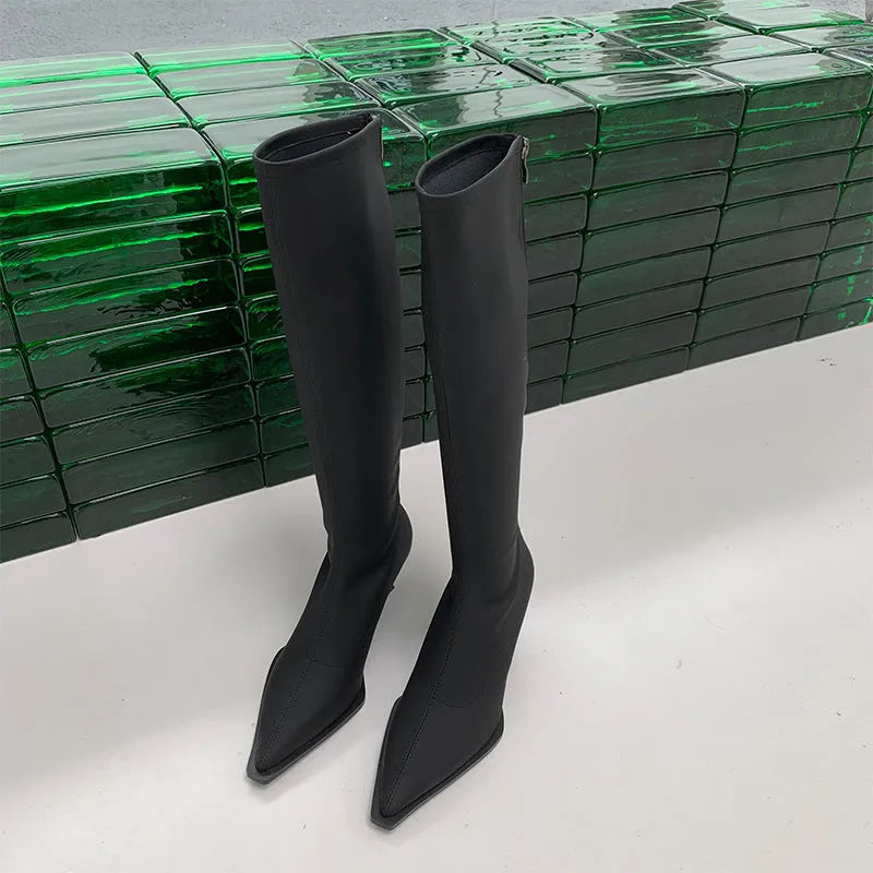 Women's black pointed toe knee-high boots with a stiletto heel and a back zip, shown on a foot.