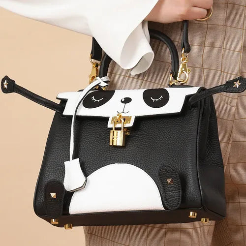 Horizontal square panda print handbag made from brown cowhide leather with sweet lady animal pattern.