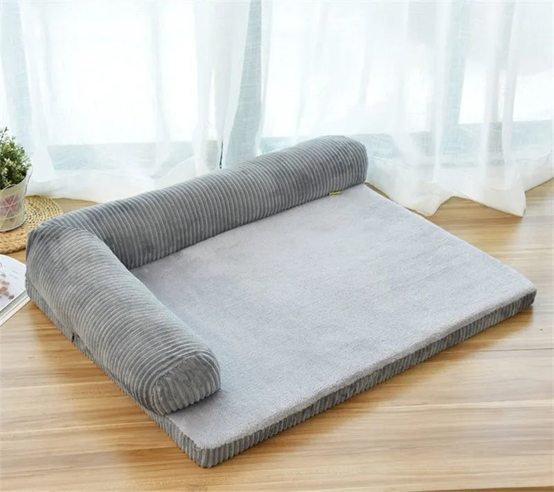 Corduroy bolster dog bed with high-density sponge filling and non-slip base in grey colour