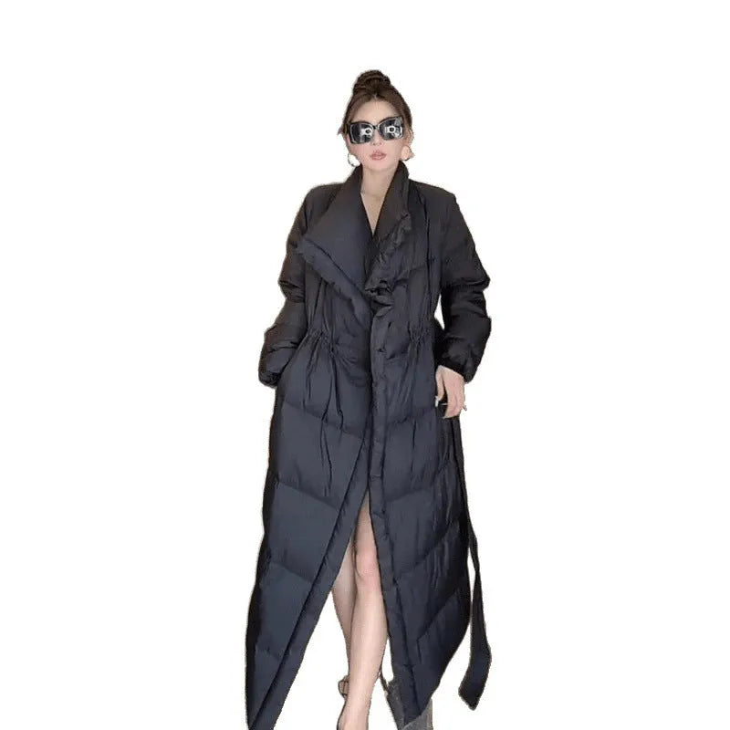 Women's cotton solid colour long coat with flight sleeves, black, size M