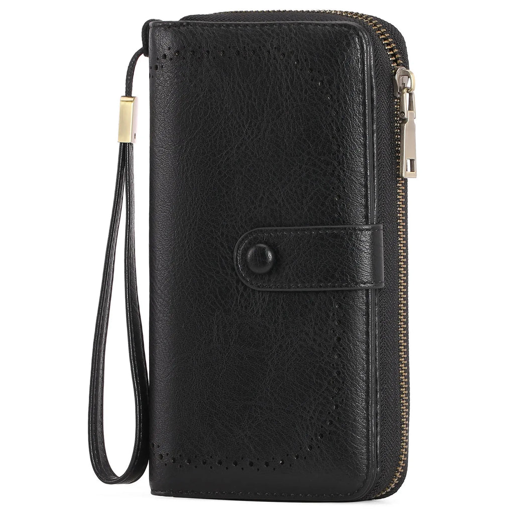 Light brown expanding card holder wallet for women showing multiple card slots and anti-theft swiping feature.