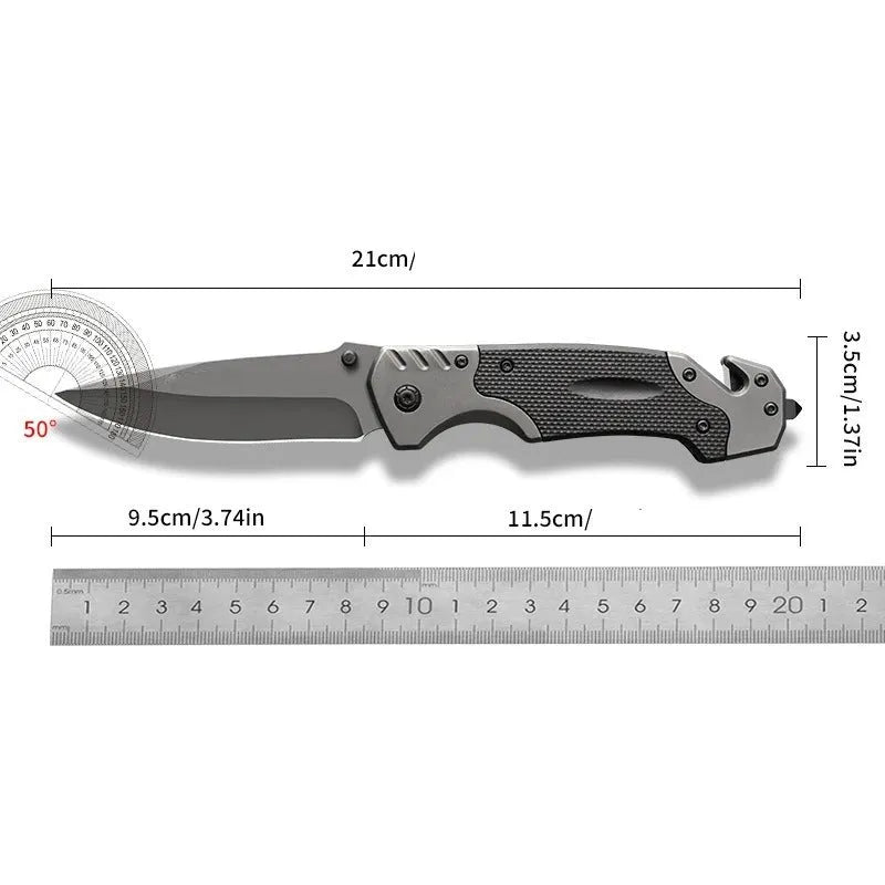 Alloy folding knife with a 225mm blade shown open, displaying its 60-degree tip angle.