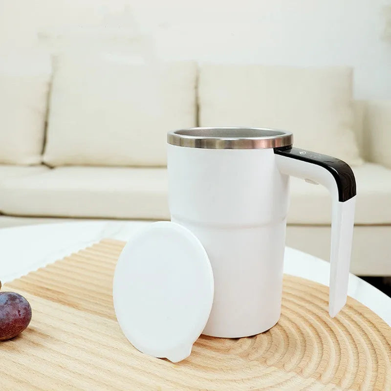 Electric magnetic stirring mug 380ml with USB rechargeable battery, LCD temperature display, black or white, stainless steel interior