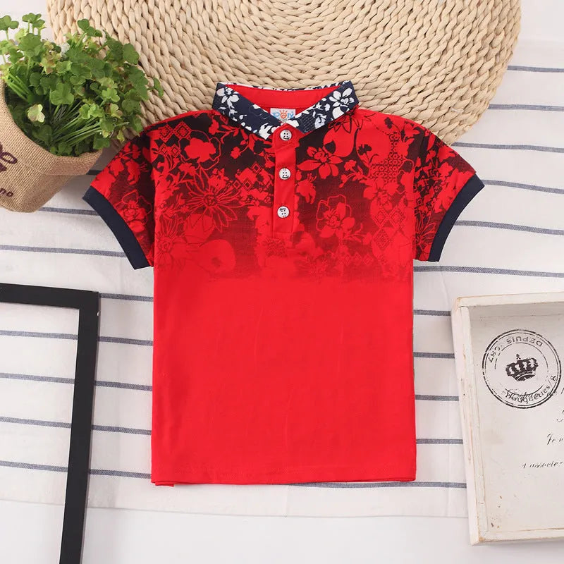 Boys short sleeve cotton polo shirt with lapel collar in grey, navy, red or white colours