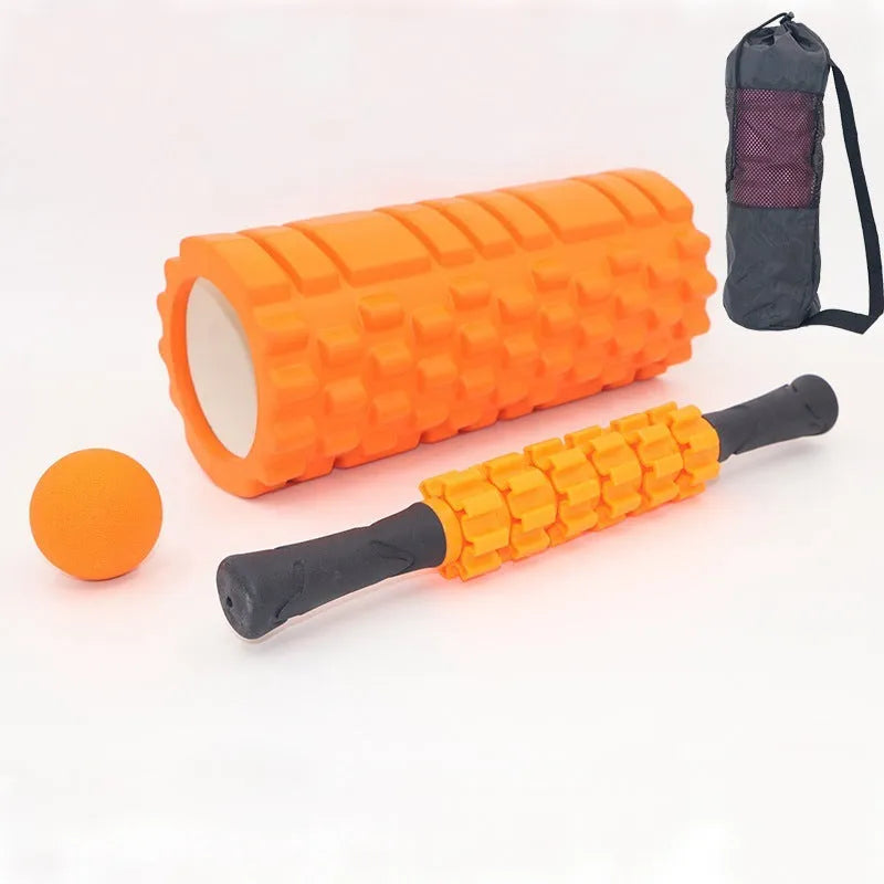 Black six-piece foam roller with gear pattern measuring 33cm long for muscle massage