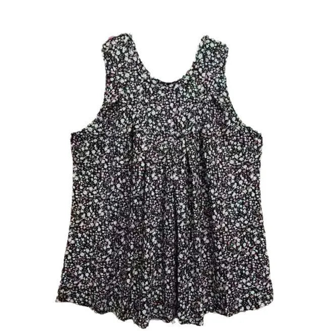 Black plus size sleeveless vest with floral print, showing loose fit and round neckline on a hanger.
