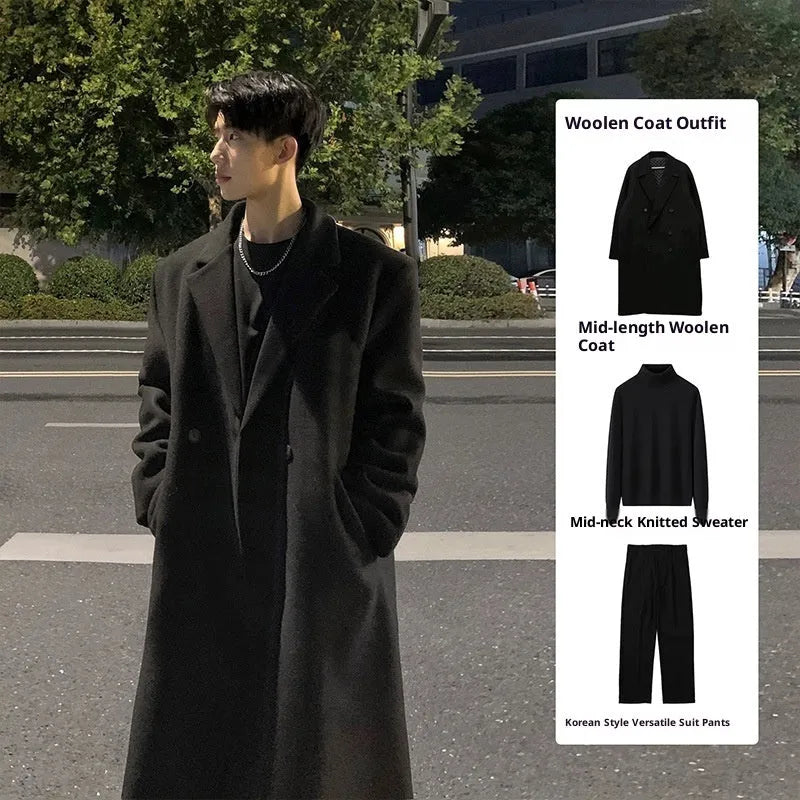 Mid-length thick loose Korean style trench coat suit set for women winter casual wear, colour Dark Gray, front view