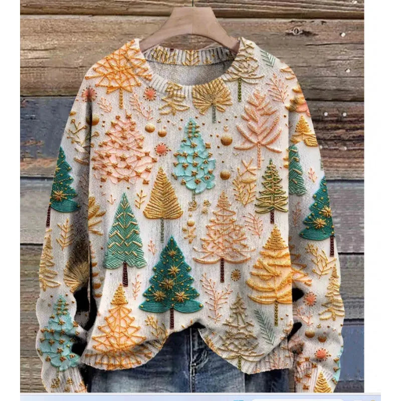 Women's little flower digital printed round neck long sleeve knitted sweater on a hanger.