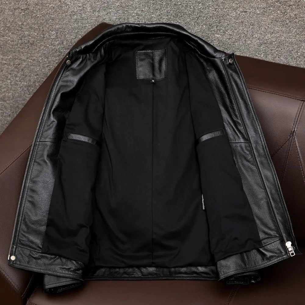 A man's black plus size PU leather jacket with a lapel and side pockets, shown on a hanger.