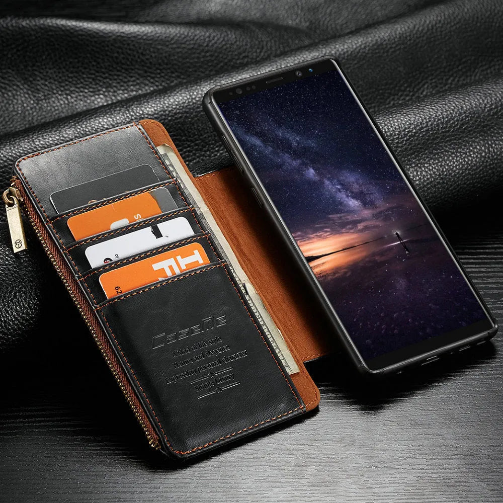 Black PU leather flip phone case for Samsung Galaxy Note 9 shown open and closed.