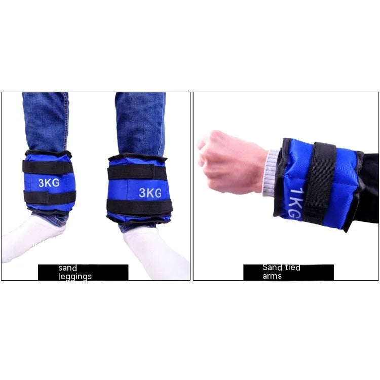 A pair of Oxford cloth legging sandbags for track and field running resistance training, shown with weight options.