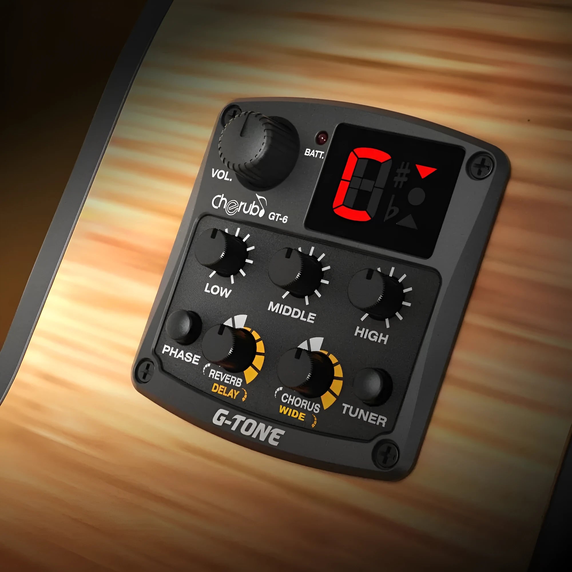 Cherub GT-6 black acoustic guitar EQ pickup with rotary controls for tone and effects