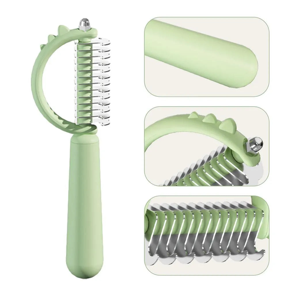 Dinosaur-shaped double-sided cat brush with self-cleaning mechanism in blue, green and white colours